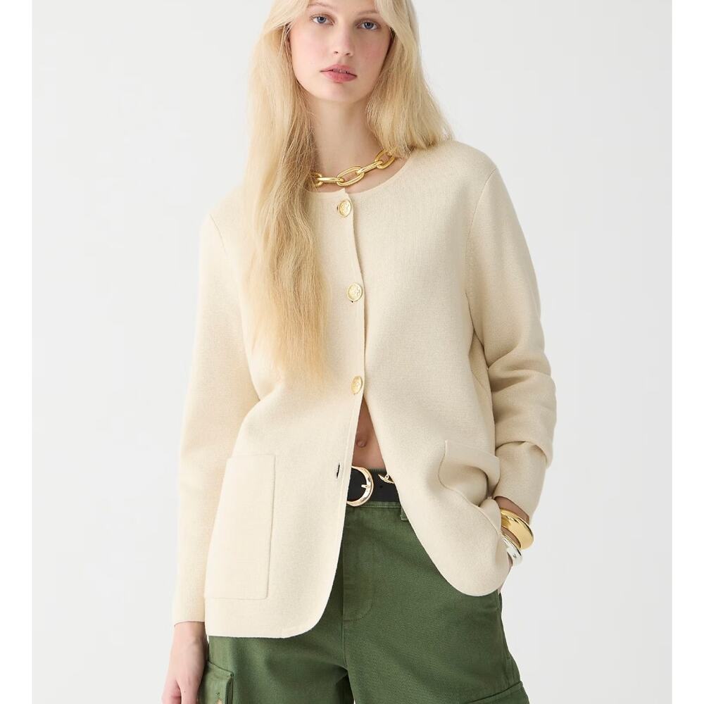J. Crew Giselle Sweater-Blazer Ivory & Gold Buttons Merino Wool Cotton Sz L
